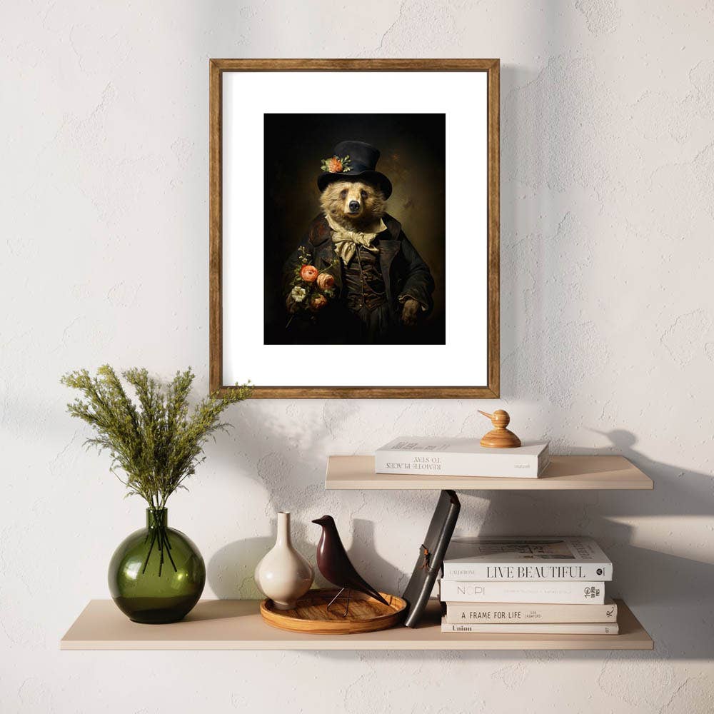 Charming Gentleman Bear with Pink Flowers Wall Art