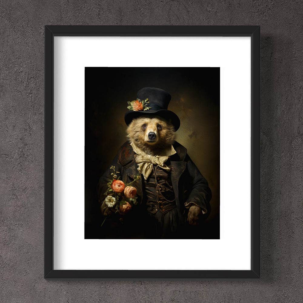Charming Gentleman Bear with Pink Flowers Wall Art