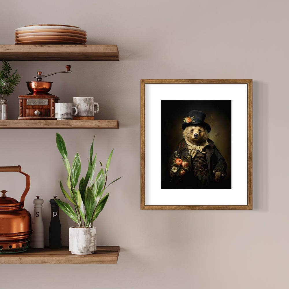 Charming Gentleman Bear with Pink Flowers Wall Art