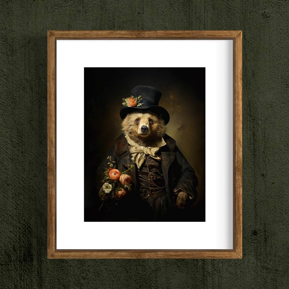 Charming Gentleman Bear with Pink Flowers Wall Art