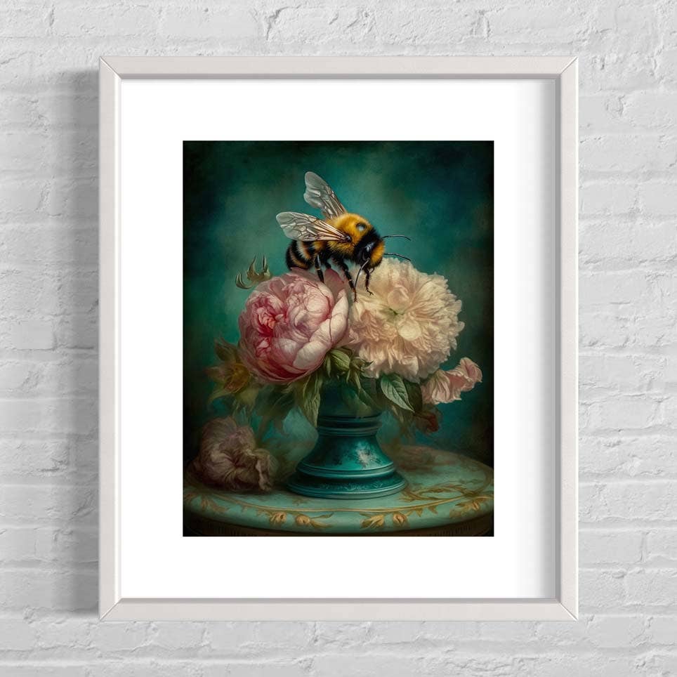 Bee and Pink Peonies Still Life Wall Art