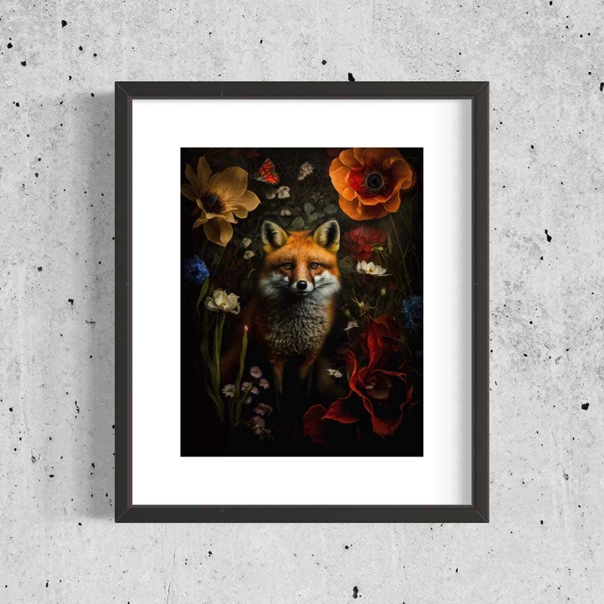 Red Fox Hiding in Floral Painting Art Print