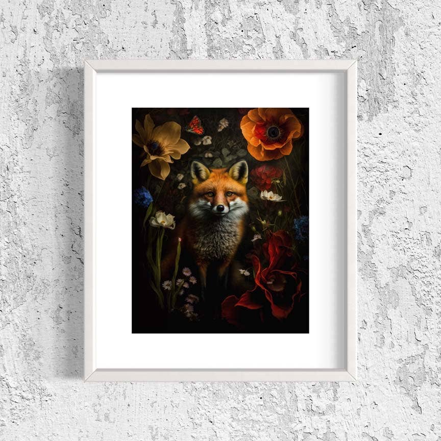 Red Fox Hiding in Floral Painting Art Print