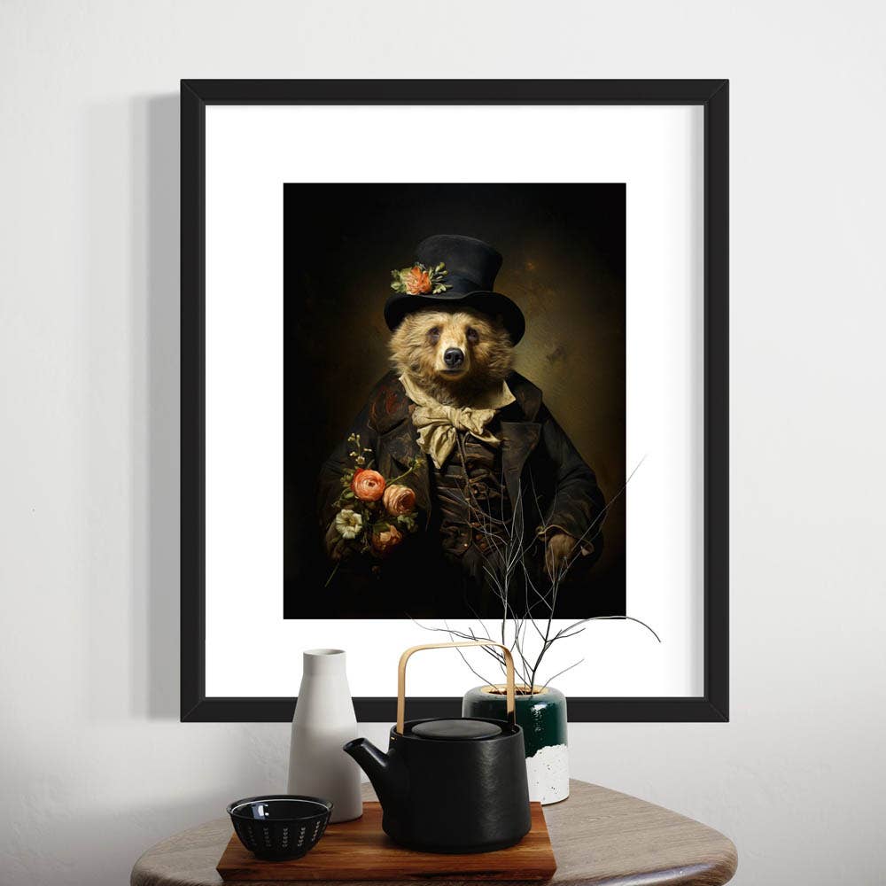 Charming Gentleman Bear with Pink Flowers Wall Art