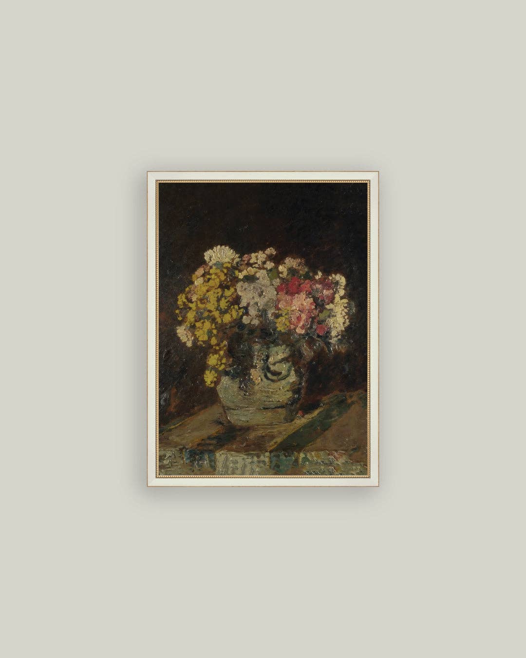 Vase of Pink & Yellow Flowers Framed Antique Art