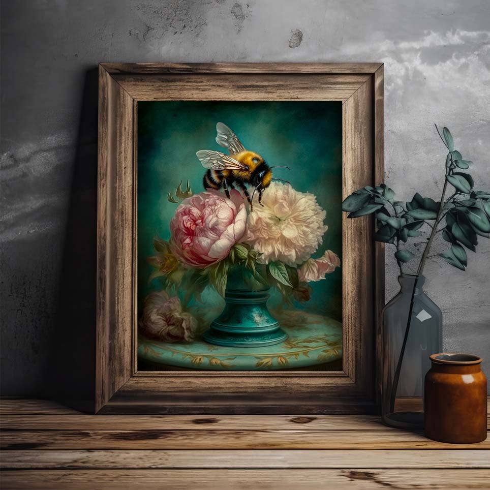 Bee and Pink Peonies Still Life Wall Art