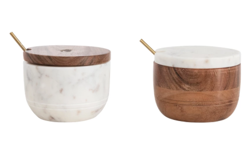 Marble and Acacia Wood Bowl with Lid and Brass Spoon