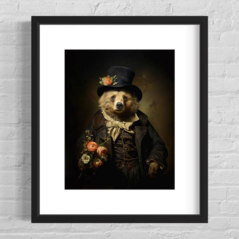 Charming Gentleman Bear with Pink Flowers Wall Art