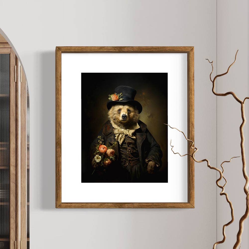 Charming Gentleman Bear with Pink Flowers Wall Art
