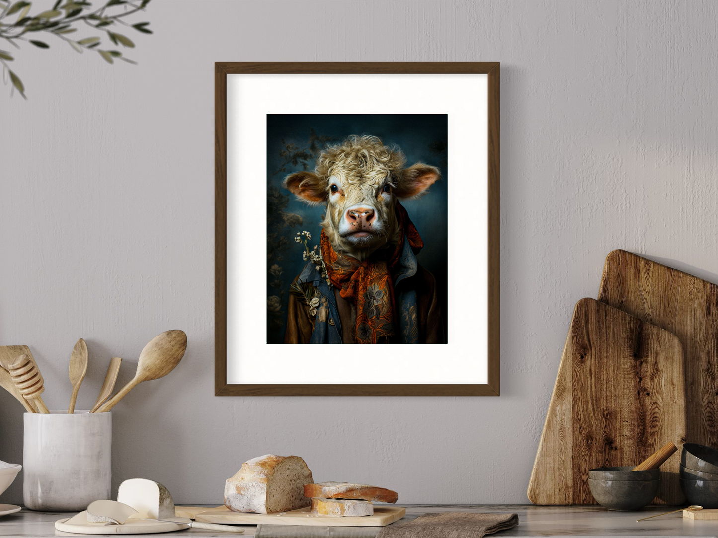 Rustic Cow in Elegant Attire Art Print