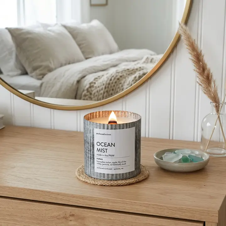 Ocean Mist Cabin Fever Wood Wick Candle, Rustic Farmhouse Decor