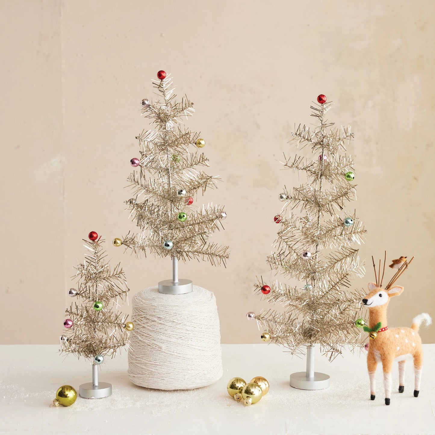 Tinsel Tree with Multi Color Ball Ornaments, Silver Finish