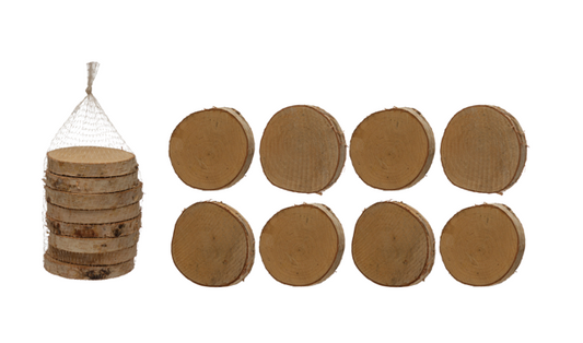 Round Birch Wood Slices in Mesh Bag, Set of 8