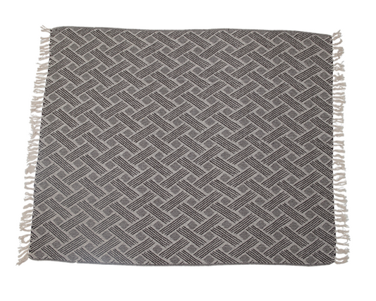 Woven Recycled Cotton Blend Throw with Fringe-Gray