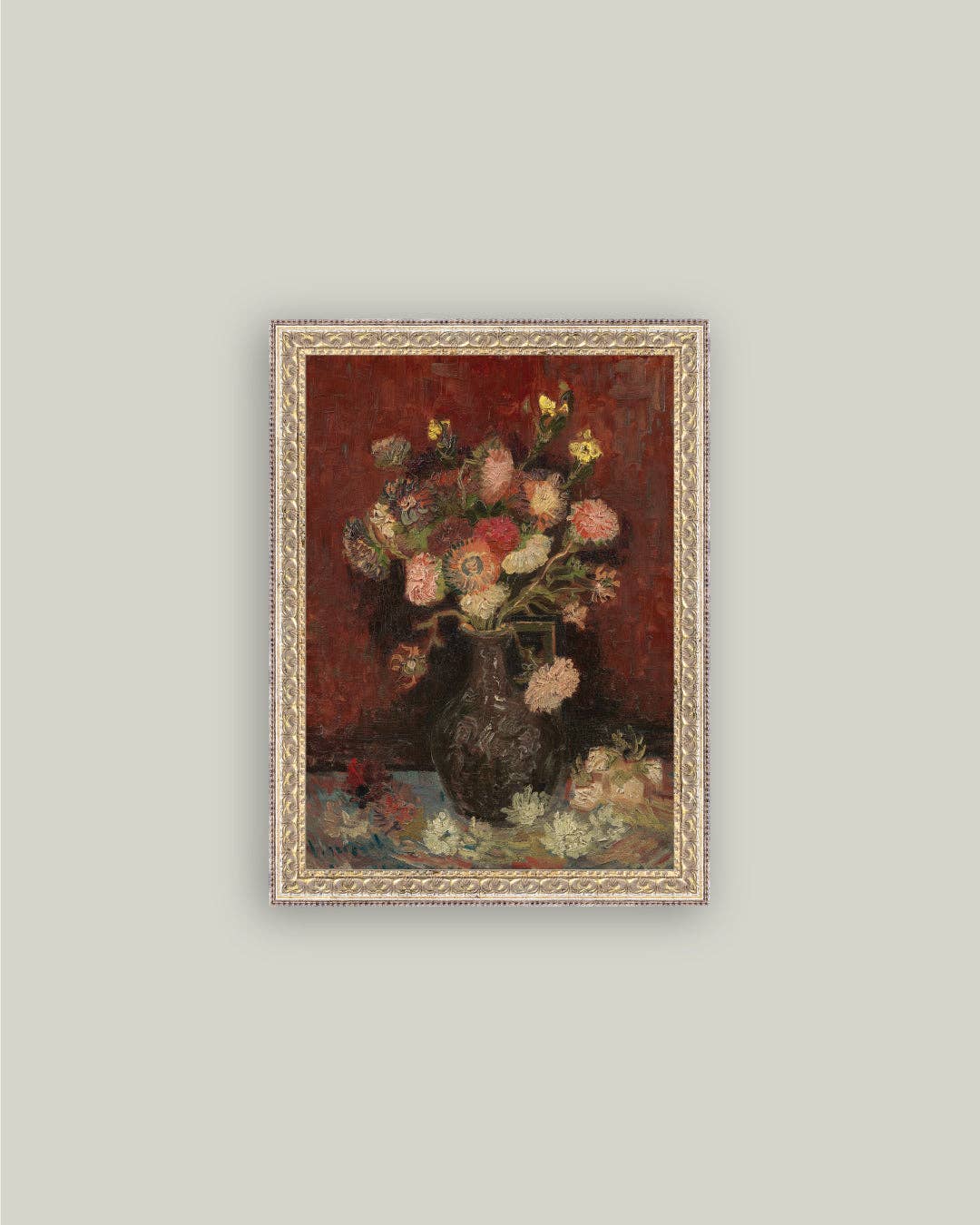 Chinese Asters and Gladioli Framed Antique Art