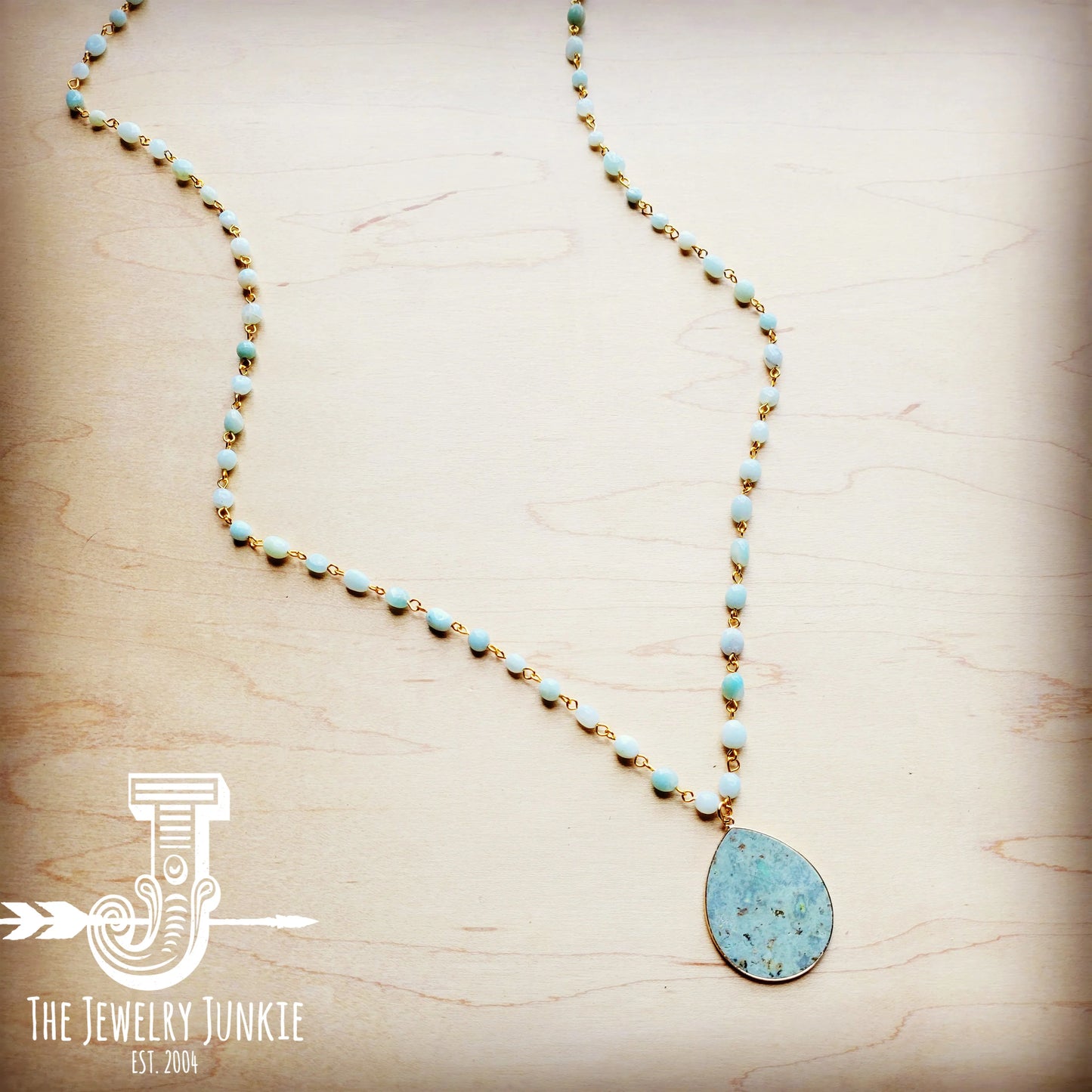 Long Amazonite Chain Necklace w/ African Turquoise Pendant