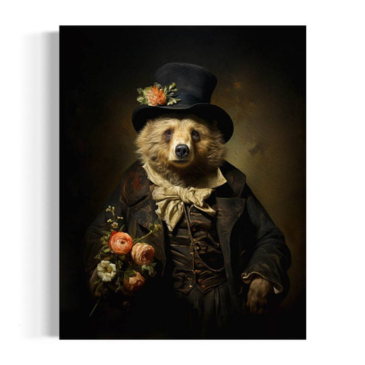 Charming Gentleman Bear with Pink Flowers  Wall Art