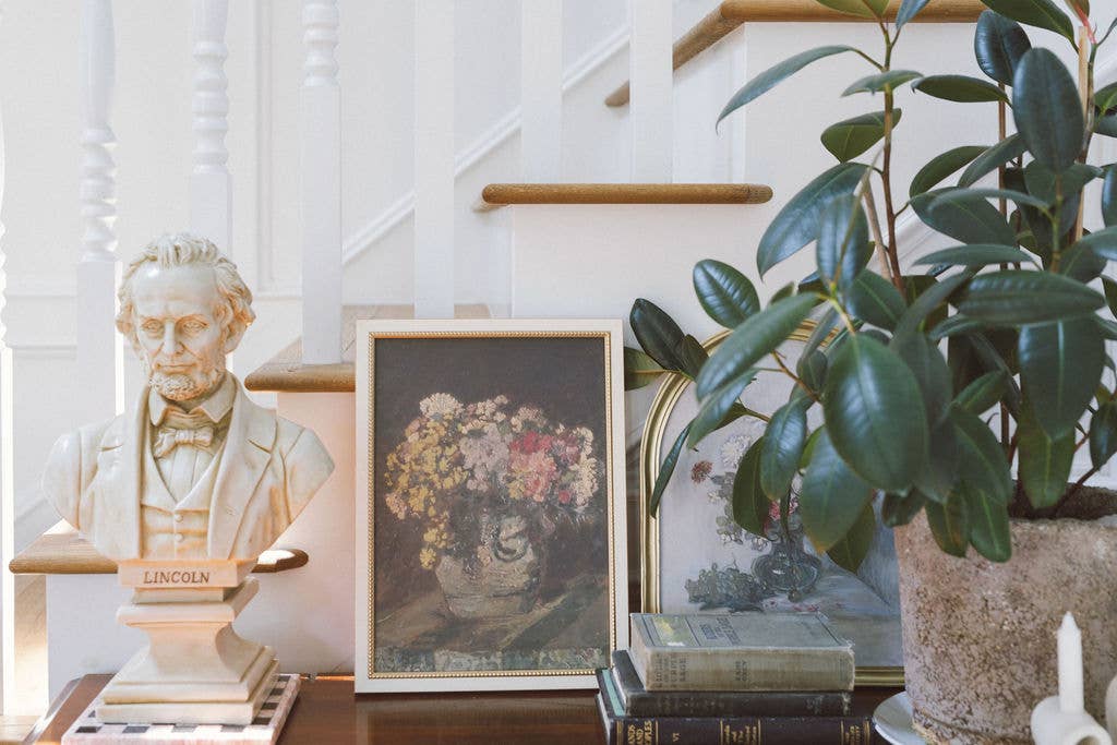 Vase of Pink & Yellow Flowers Framed Antique Art