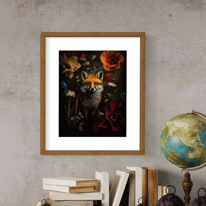 Red Fox Hiding in Floral Painting Art Print