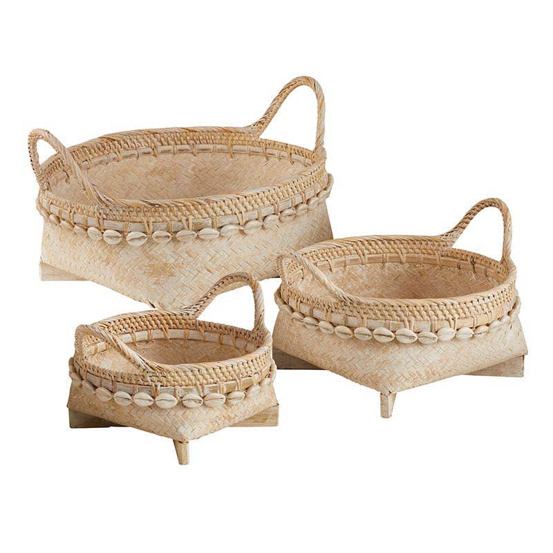 Rattan Cowrie Shell Baskets With Handles