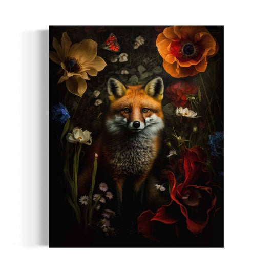 Red Fox Hiding in Floral Painting Art Print