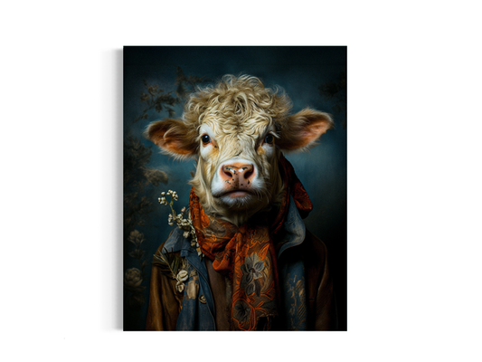 Rustic Cow in Elegant Attire Art Print