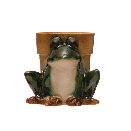 Stoneware Frog Planter, Reactive Glaze, Green, White & Brown (Each One Will Vary)