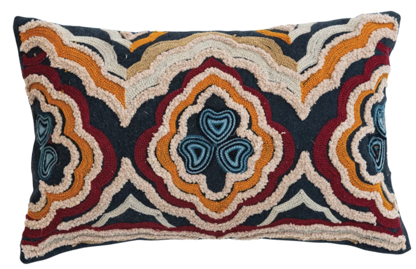 Cotton Lumbar Pillow w/ Embroidered Design & Chambray Back