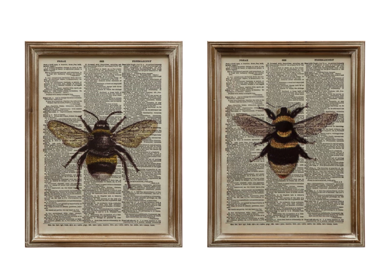 Wood Framed Glass Book Print Wall Décor with Bee