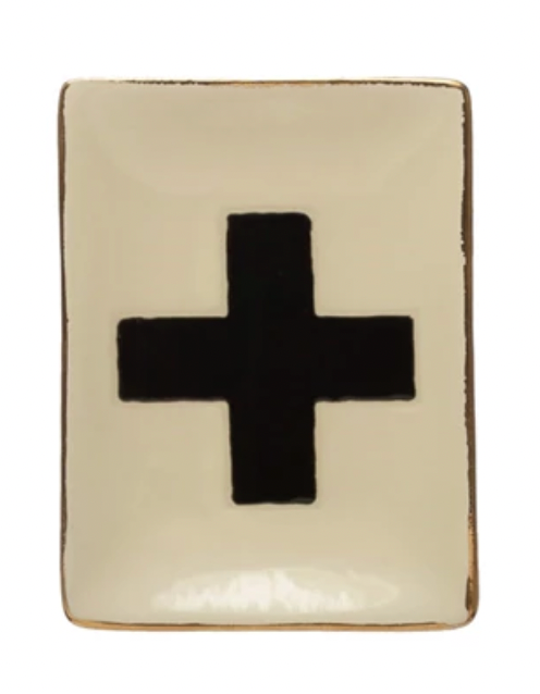 Handmade Stoneware Plate with Wax Relief Swiss Cross and Gold Electroplating