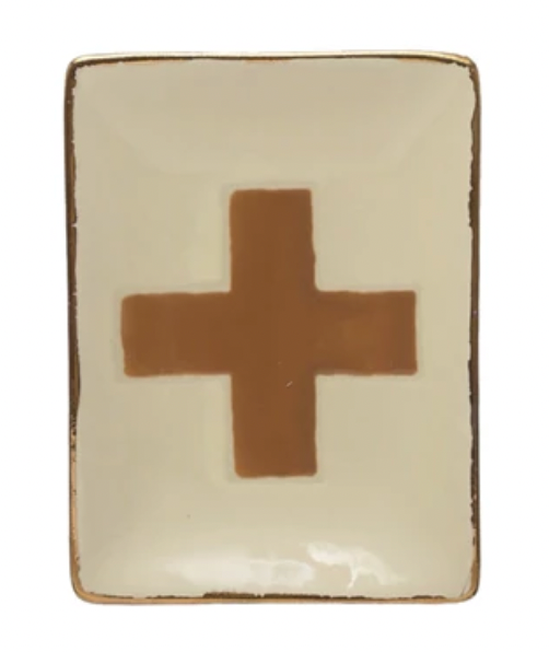 Handmade Stoneware Plate with Wax Relief Swiss Cross and Gold Electroplating
