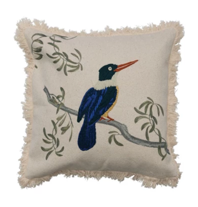 18" Cotton Printed Pillow w/ Bird on Branch, Embroidery & Fringe