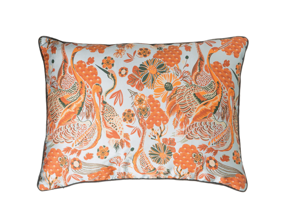 Lumbar Pillow with Florals & Cranes