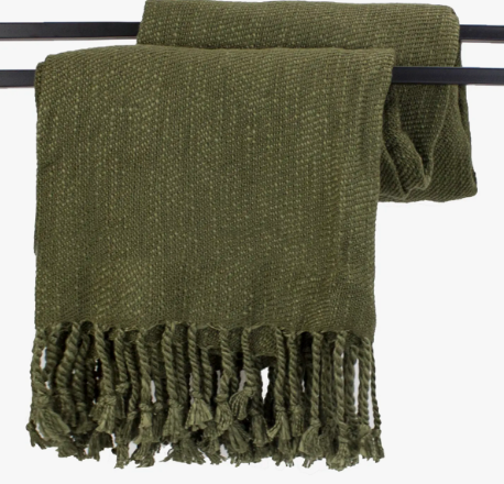 Olive Green Classic Woven Fringed Throw Blanket
