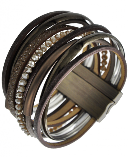Multi Strand Glass Leather Metal Bracelet