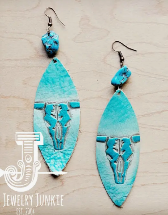 Leather Oval Earrings in Turquoise Steer Head w/ Turquoise