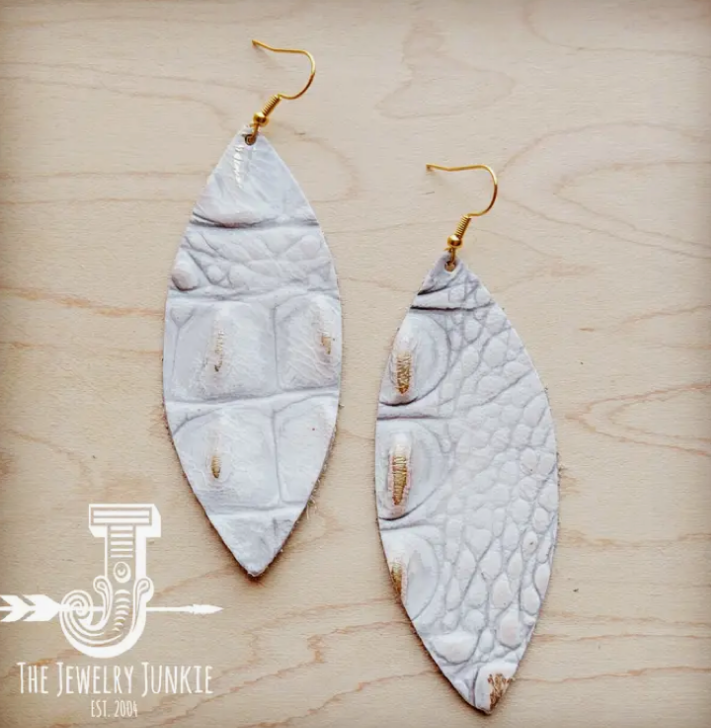 Narrow Leather Oval Earrings-White and Gold Gator
