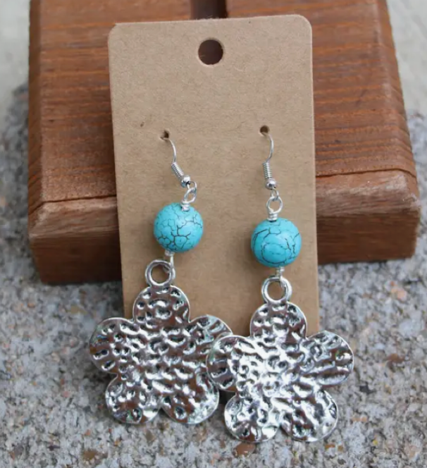 Hammer Silver Flower with Turquoise Earrings