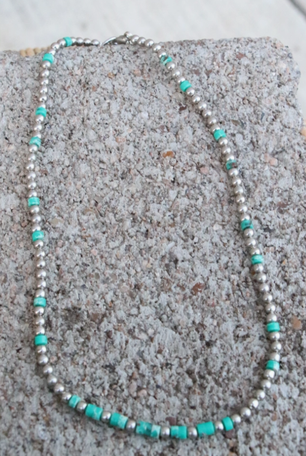 Heshi Green Turquoise & Silver Necklace 4mm
