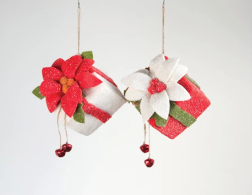 Felt Present Ornament with Poinsettia and Jingle Bells