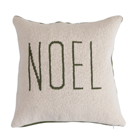 Two-Sided Cotton Knit Pillow "Joy/Noel", Green & Cream Color
