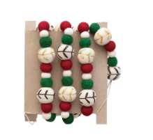 Wool Felt Ball Garland with Embroidery, Natural, Red and Green