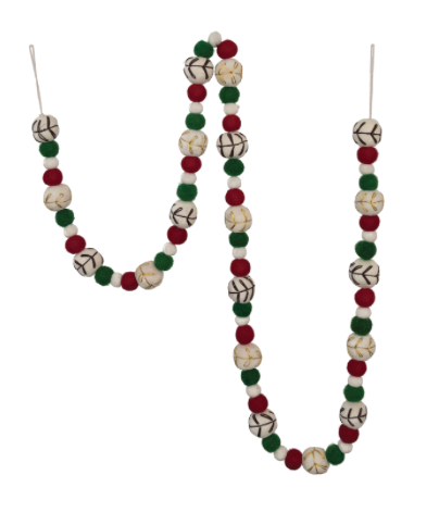 Wool Felt Ball Garland with Embroidery, Natural, Red and Green