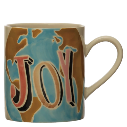 Hand-Painted Stoneware Mug with Wax Relief Word "Joy"