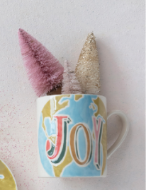 Hand-Painted Stoneware Mug with Wax Relief Word "Joy"