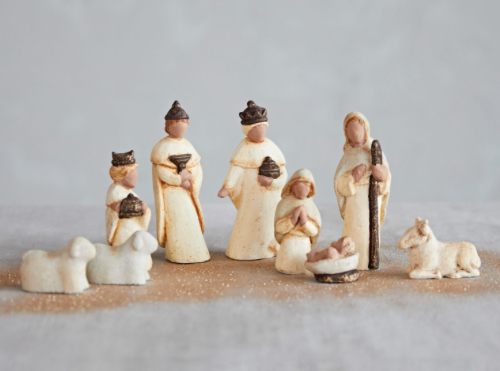Paper Mache Nativity, Cream Color & Brown, Set of 8