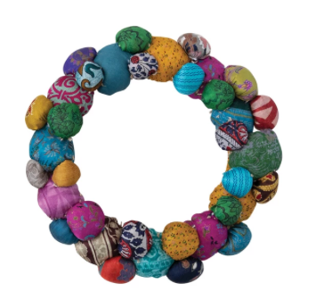 Recycled Sari Fabric Ball Wreath, Multi Color