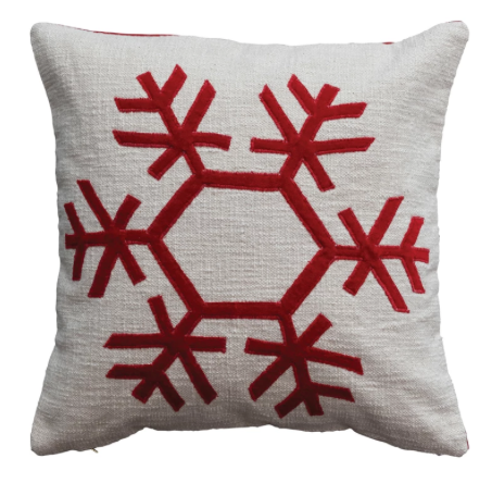 Slub Pillow w/ Embroidered Snowflake & Velvet Back, Cream Color & Red