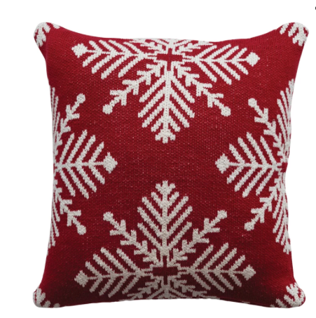 Two-Sided Cotton Knit Pillow w/ Snowflakes, Red & White