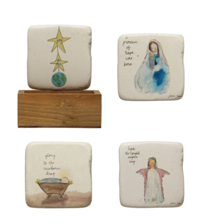 Coasters w/ Christmas Saying & Image in Wood Box